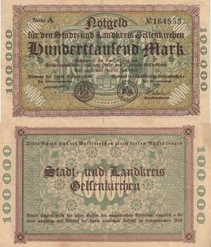 Q4711 Banknote Germany Landkreis Gelsenkirchen Stadt 100000 Mark 1923 Notgeld