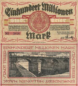 Q4728 Banknote Germany Trier Stadt 100 Millionen Mark 1923 Notgeld  - Make Offer