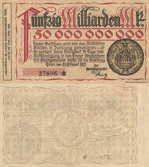 Q4729 Banknote Germany Trier Stadt 50 Milliarden Mark 1923 Notgeld AU - Offer
