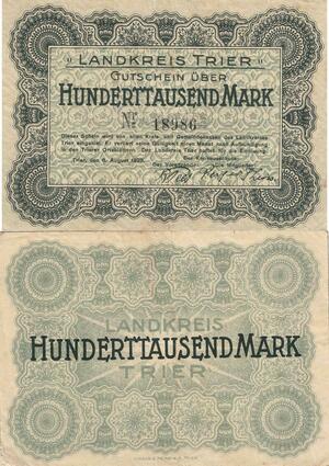 Q4732 Banknote Germany Landkreis Trier 100000 Mark 1923 Notgeld - Make Offer