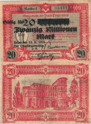 Q4733 Banknote Germany Trier Stadt 20 Millionen Mark Gültig Für 1923 Notgeld 