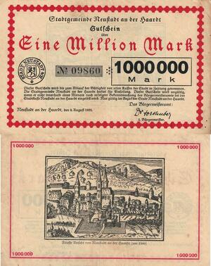 Q4737 Banknote Germany Neustadt an der haardt Stadt 1 Million Mark 1923 Notgeld 