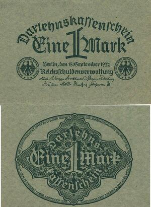 Q4738 Banknote Germany Berlin 1 Mark Darlehenskassenschein 1922 AU - Make Offer