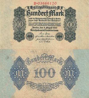 Q4757 Banknote Germany Einlieferer Berlin 100 Mark Reichsbanknote 1922 AU