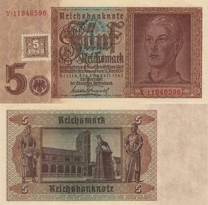 Q4821 Banknote Germany Berlin 5 Reichsmark 1942 Reichsbanknote stamp 5 1948 UNC