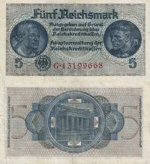 Q4861 Banknote Germany 5 Reichsmark Reichstag entrance WWII 1940