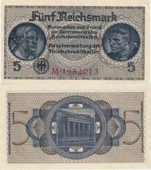 Q4862 Banknote Germany 5 Reichsmark Reichstag entrance WWII 1940 UNC