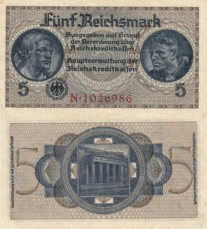 Q4863 Banknote Germany 5 Reichsmark Reichstag entrance WWII 1940