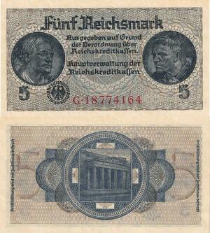 Q4864 Banknote Germany 5 Reichsmark Reichstag entrance WWII 1940 UNC