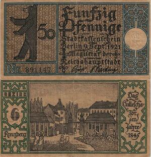 Q4916 Banknote Germany Berlin 50 Pfennig Bear 1921 - 1845 - AU Make Offer