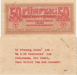 Q4927 Rare Banknote Germany Wehrmacht 50 Reichspfennig Propaganda Message 