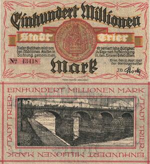 Q4931 Banknote Germany Trier 100 Millionen Mark Bridge 1923 Notgeld - Offer