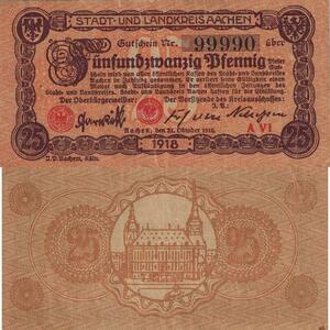 Q4952 Banknote Germany Aachen 25 Pfennig Church 1918 Notgeld AU - Make Offer