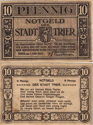 Q4953 Banknote Germany Trier 10 Pfennig 1920 Notgeld - Make Offer