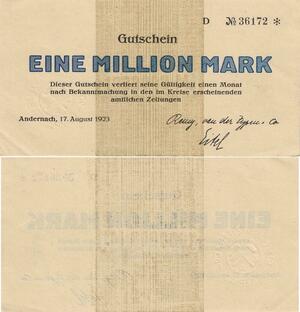 Q4958 Banknote Germany Andernach 1 Million Mark 1923 AU - Make Offer
