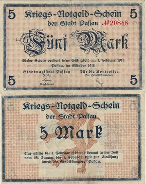 Q4967 Banknote Germany Paffau 5 Mark Lion 1918 Notgeld - Make Offer