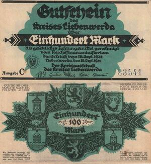 Q4970 Banknote Germany Liebenwerda 100 Mark Coats Arms 1922 - Make Offer