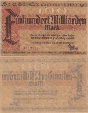 Q4971 Banknote Germany Cronenberg 1 Milliarden Marks Onesided  1923