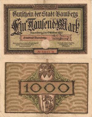 Q4974 Banknote Germany Bamberg 1000 Mark Coat of Arms 1922 - Make Offer