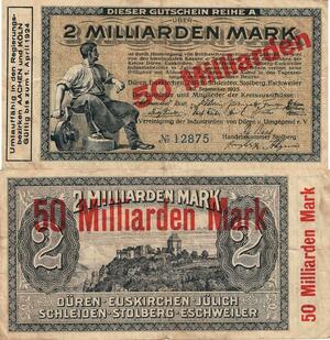 Q4987 Banknote Germany S.Eschweiler Stolberg 50 Milliarden Mark 1923 Notgeld
