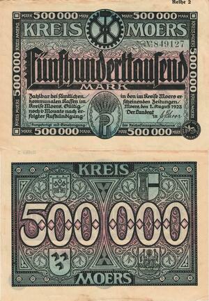 Q4990 Banknote Germany 500000 Mark Coat of Arms Moers 1923 - Make Offer