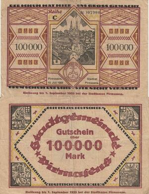 Q4991 Banknote Germany Pirmasens Stadtkasse 100000 Mark 1923 Notgeld - Make Offer