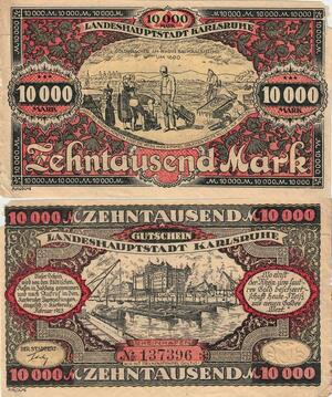 Q4996 Banknote Germany Port Karlsruhe 10 000 Mark  1923 - Make Offer