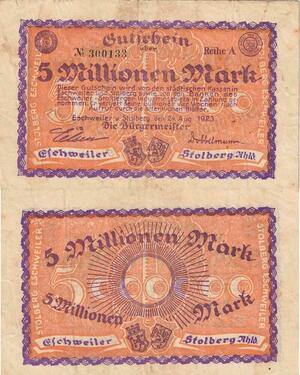 Q4997 Banknote Germany Eschweiler Stolberg 5 Millionen Mark Ornament 1923