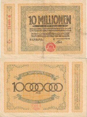 Q4999 Banknote Germany Seal Duisburg 10 Millionen Mark 1923 - Make Offer