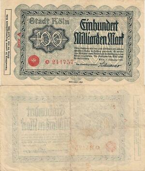 Q5001 Banknote Germany Köln 100 Milliarden Mark Onesided 1923 Notgeld - Offer