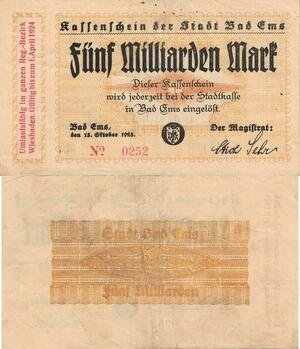 Q5009 Banknote Germany Bad Ems 5 Milliarden Mark Coat of arms 1923 - Offer