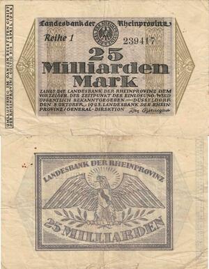 Q5011 Banknote Germany Düsseldorf 25 Milliarden Mark Rheinprovinz 1923
