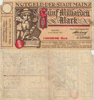 Q5014 Banknote Germany 5 Milliarden Mark Johannes Gutenberg Onesided 1923