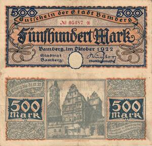 Q5015 Banknote Germany Bamberg 500 Mark City building 1922 - Make Offer
