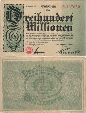Q5025 Banknote Germany Bonn 300 Millionen Mark Coat arms 1923 - Make Offer