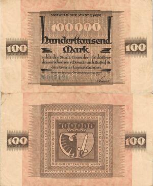 Q5029 Banknote Germany Essen 100000 Mark Eagle and sword 1923 - Make Offer