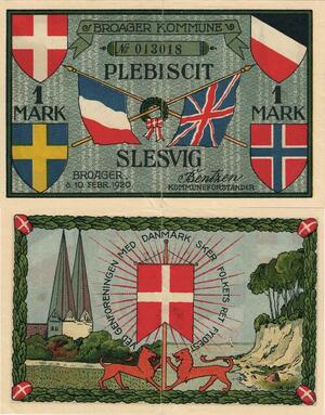 Q5038 Banknote Germany Slesvig 1 Mark Broager Kommune Plebiscit 1920 -Offer