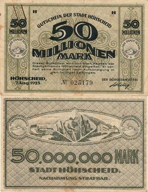 Q5046 Banknote Germany Höhscheid 50 Millionen Mark 1923 Notgeld