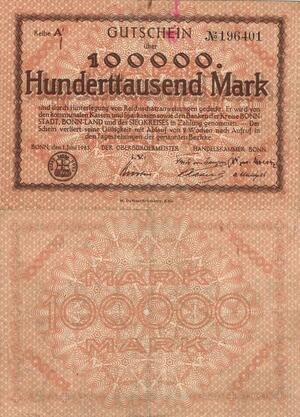 Q5049 Banknote Germany Bonn and Siegkreis 100000 Mark Districts 1923 - Make Offer