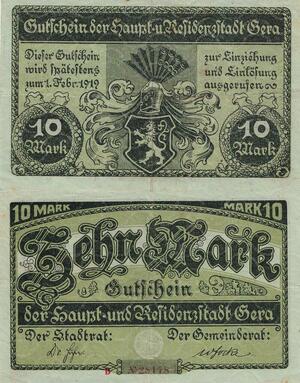 Q5053 Banknote Germany Refider Gera 10 Mark 1919 Notgeld - Make Offer