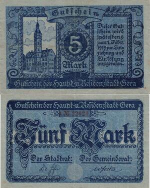 Q5054 Banknote Germany Refider Gera 5 Mark 1919 Not geld - Make Offer