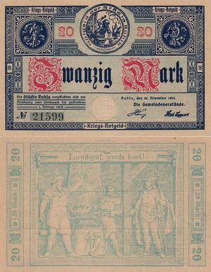 Q5055 Banknote Germany Kriegs Stadt Ruhla 20 Mark 1914 Notgeld - Make Offer