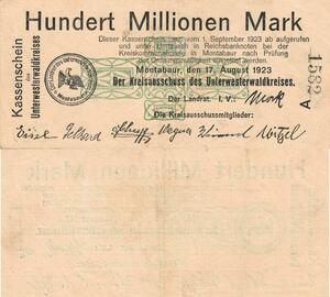 Q5057 Banknote Germany Montabaur 100 Mark Millionen Kassenschein 1923 Notgeld