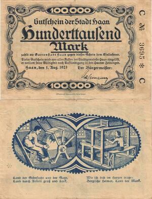 Q5058 Banknote Germany Haan 100 000 Mark 1923 Notgeld - M Offer