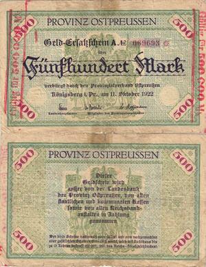 Q5109 Banknote Germany 500 Mark/500000 Mark Provinz Ostpreussen 1922 - Offer