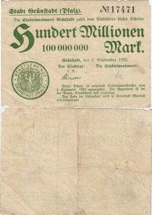 Q5120 Banknote Germany Grünstadt  100 Millionen Mark 1923 - Make Offer