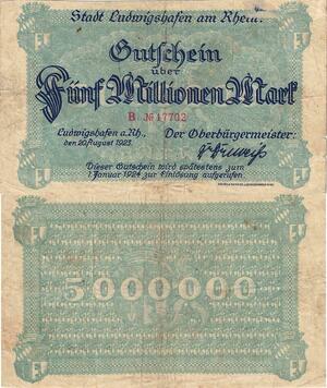 Q5129 Banknote Germany Ludwigshafen am Rhein 5 Millionen Mark 1923 - Make Offer