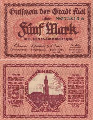 Q5133 Banknote Germany Kiel 5 Mark Gutschein 1918 - Make Offer