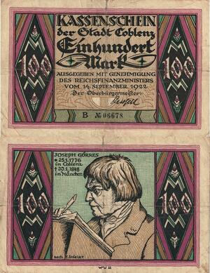 Q5139 Banknote Germany 100 Mark Joseph Gorres Kaffenschein Coblenz 1922