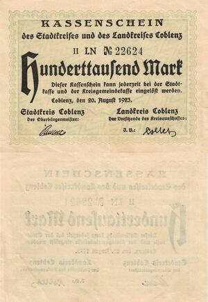 Q5141 Banknote Germany 100000 Mark Kaffenschein Coblenz 1923 - Make Offer